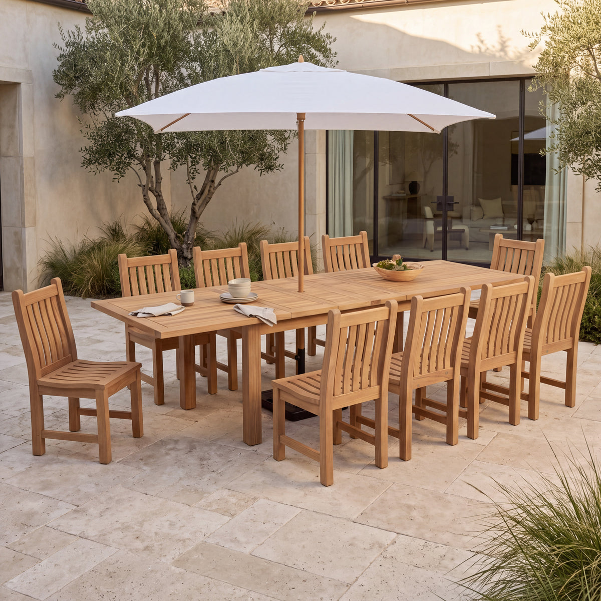 Capri Teak A-Grade Rectangle Extension Teak A-Grade Dining Table Set 90-110-129" with Wave Dining Chairs and Capri Square Umbrella