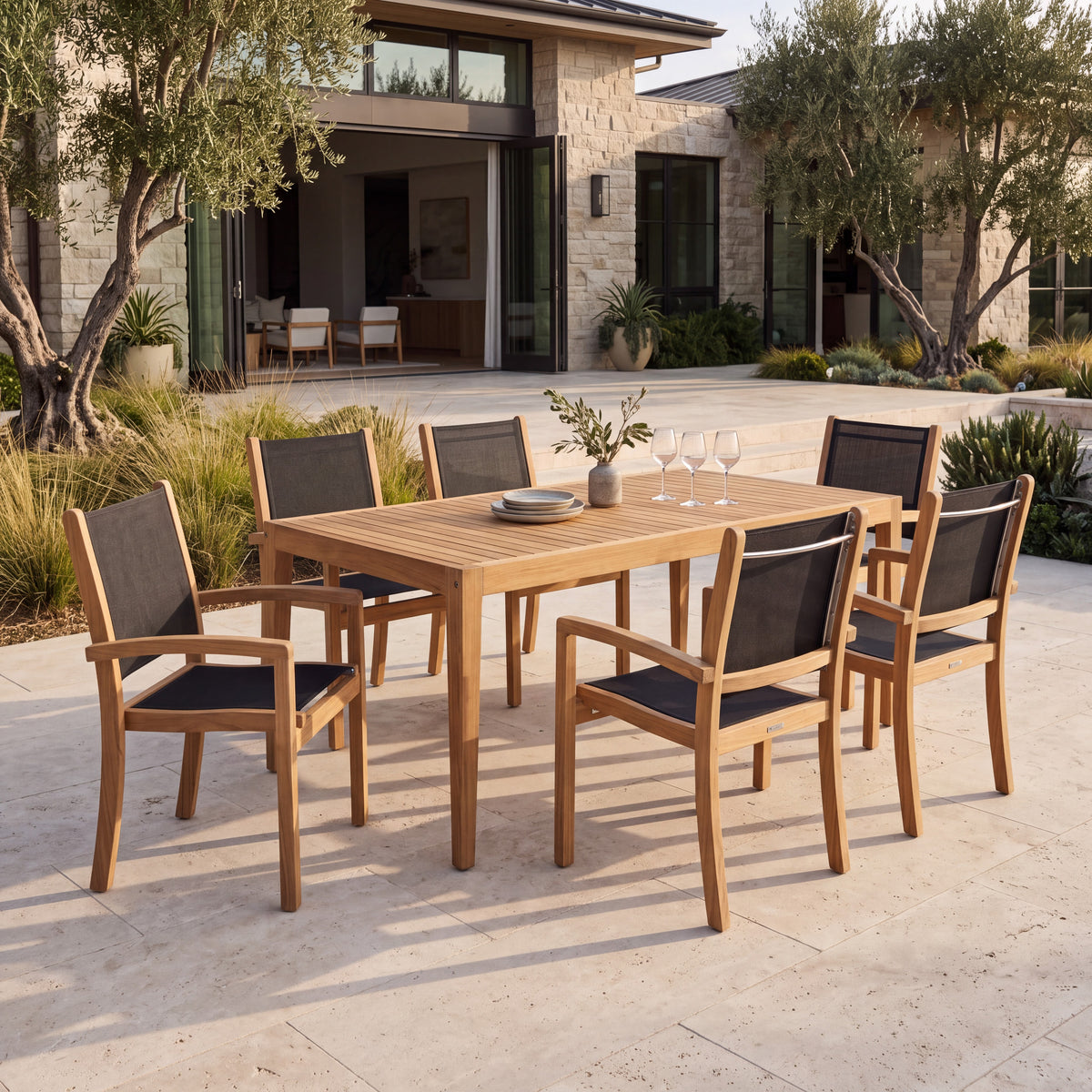 Cooper Dining Table 78" Set with Santorini Stacking Arm Dining Chairs (Black)