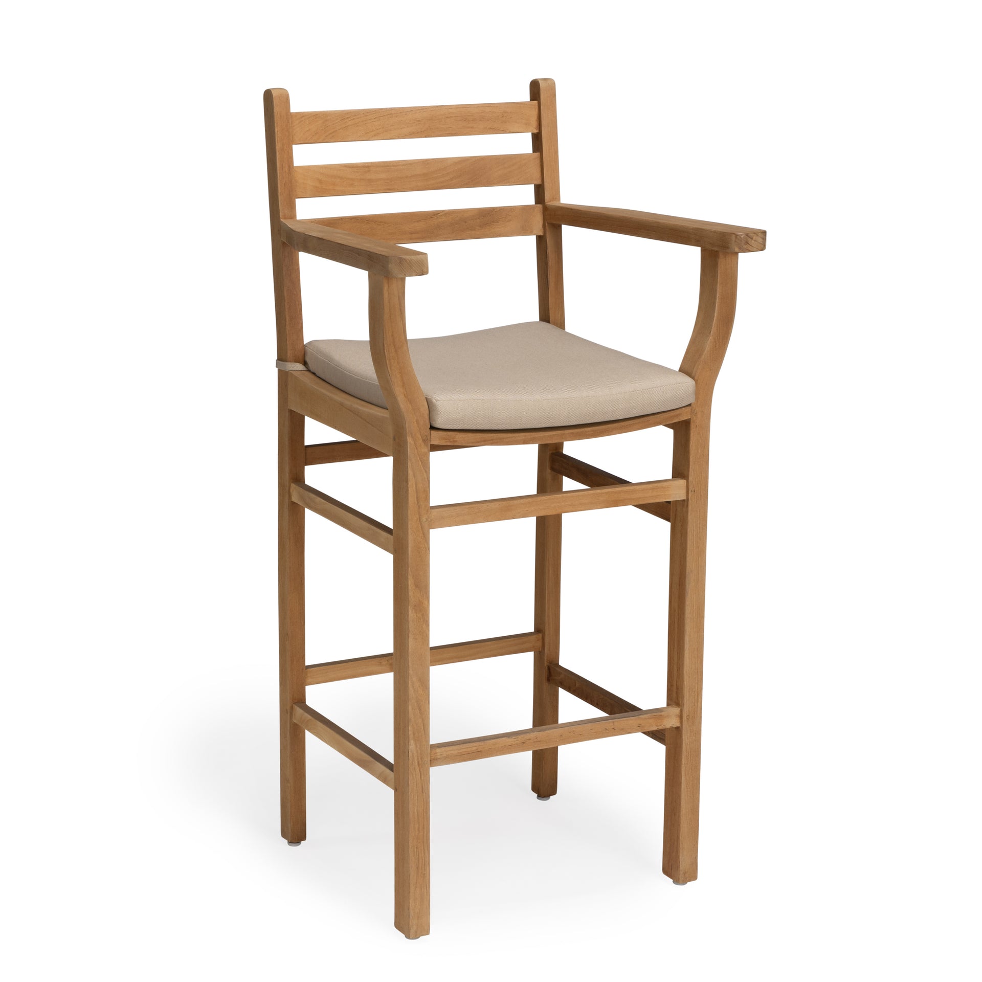 Teak outdoor bar stool with armrests and cushion