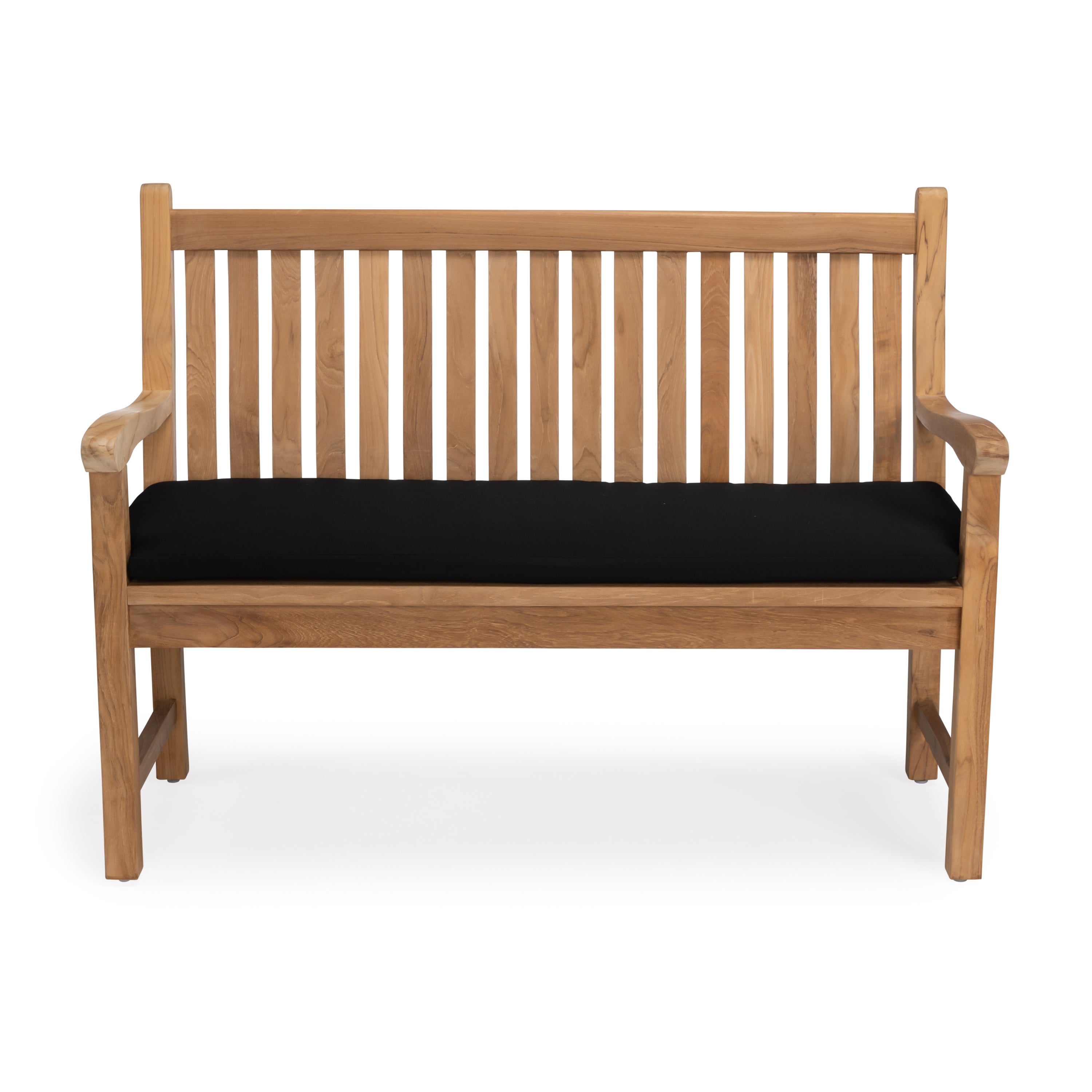 Wave teak outdoor bench with black cushion, 3 seats