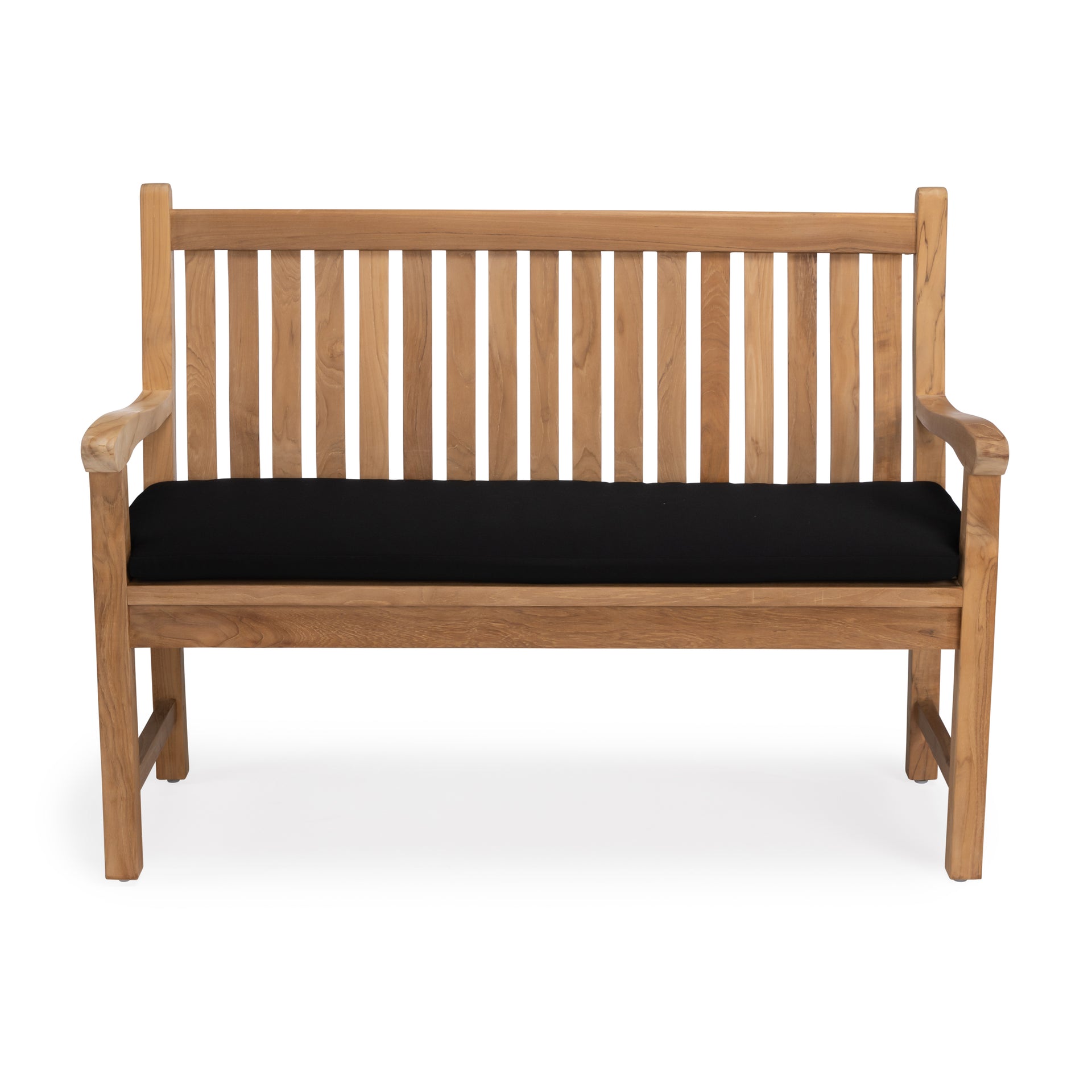 Two-seat teak outdoor bench with black cushion