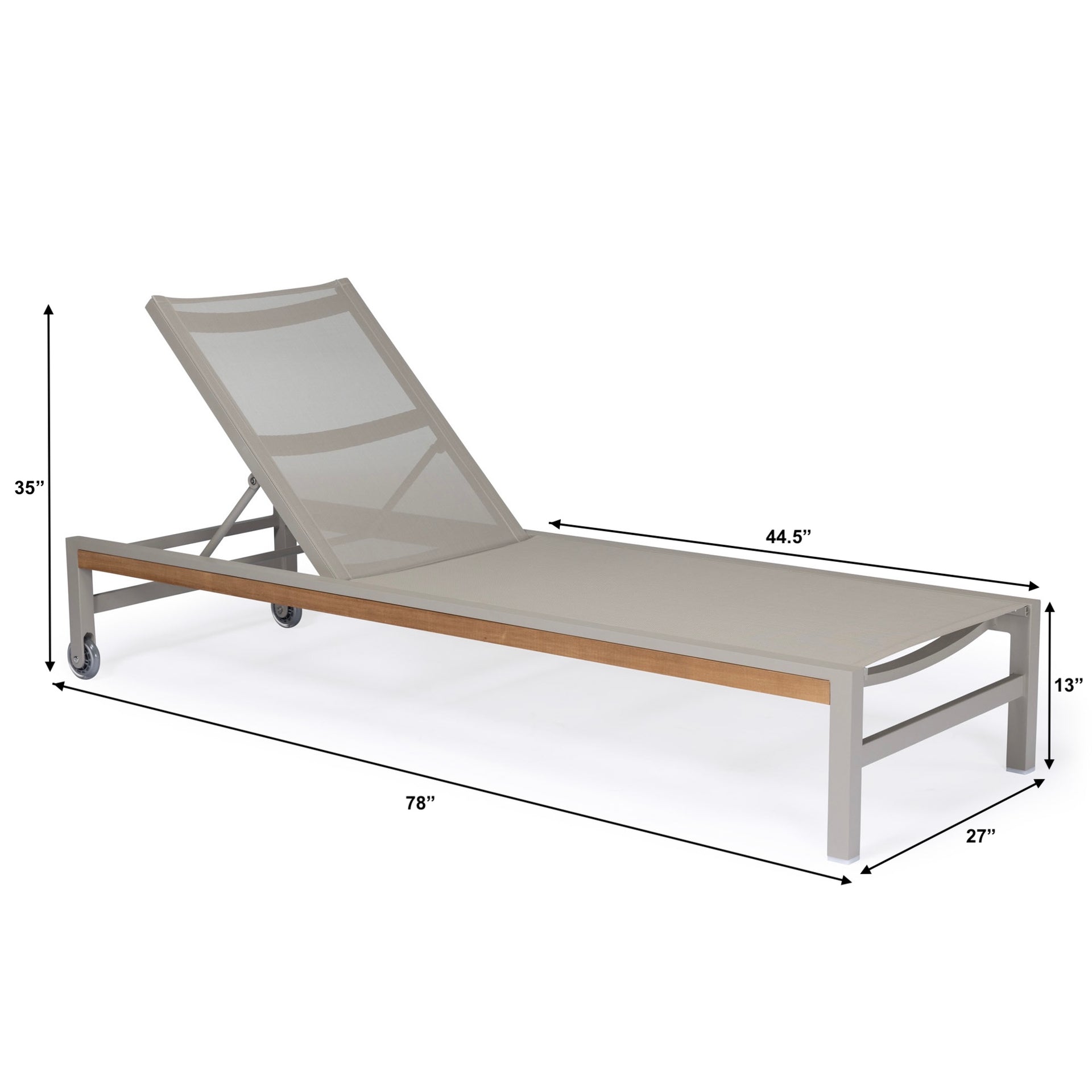 Measurement chart of a lounge chair with dimensions labeled on a white background