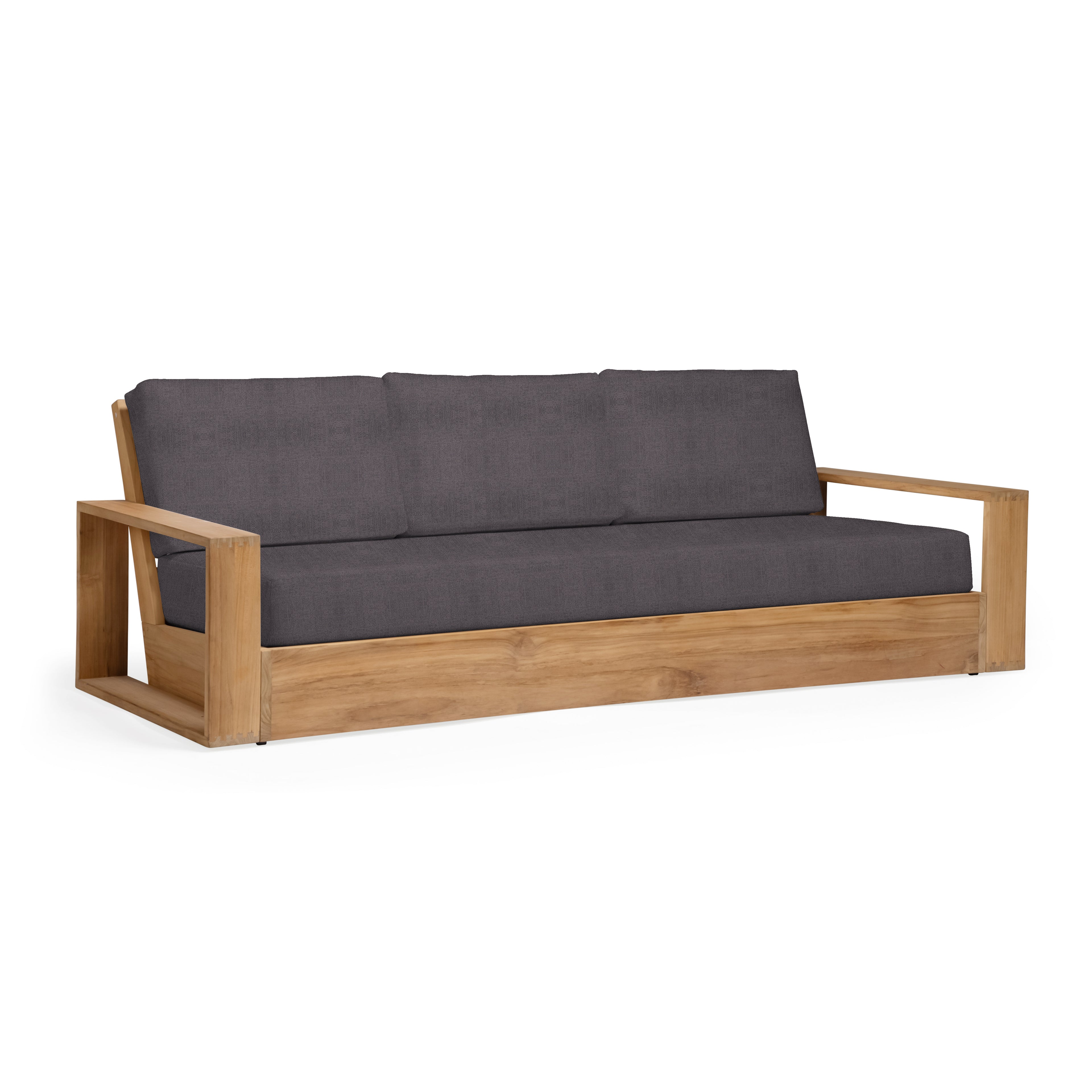 Wooden sofa with dark gray cushions on a white background