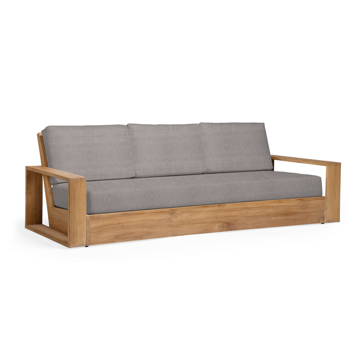 Wooden sofa with gray cushions on a white background