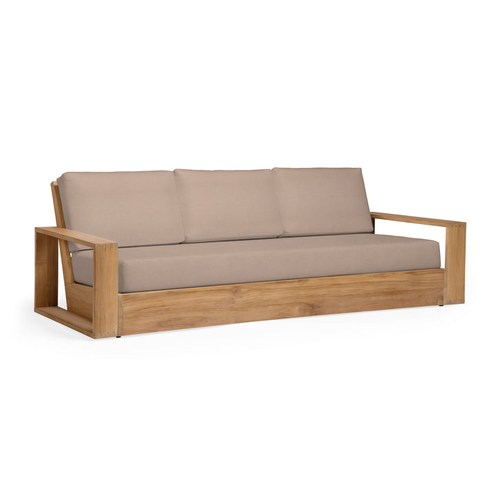 Wooden sofa with beige cushions on a white background