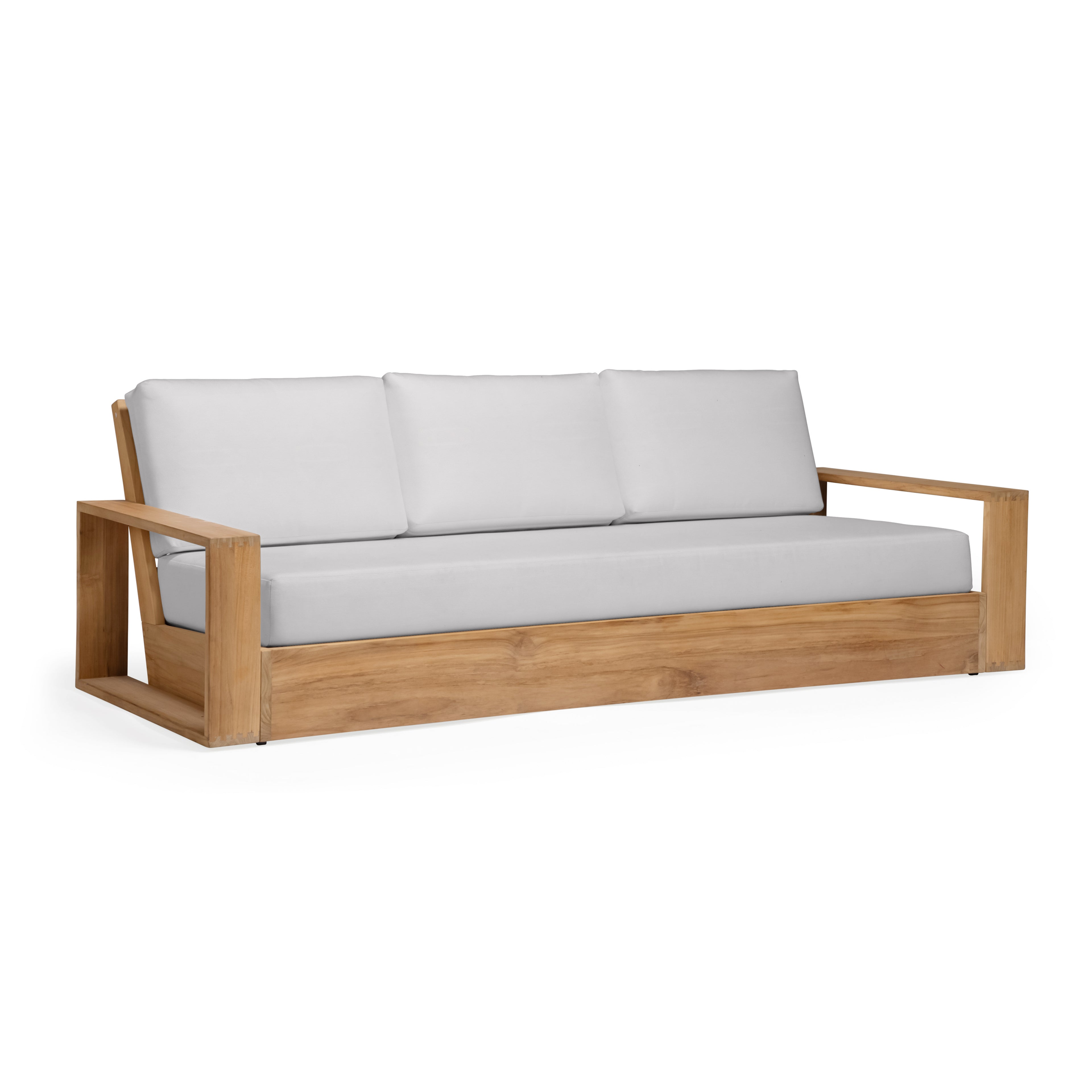 Wooden sofa with white cushions on a white background