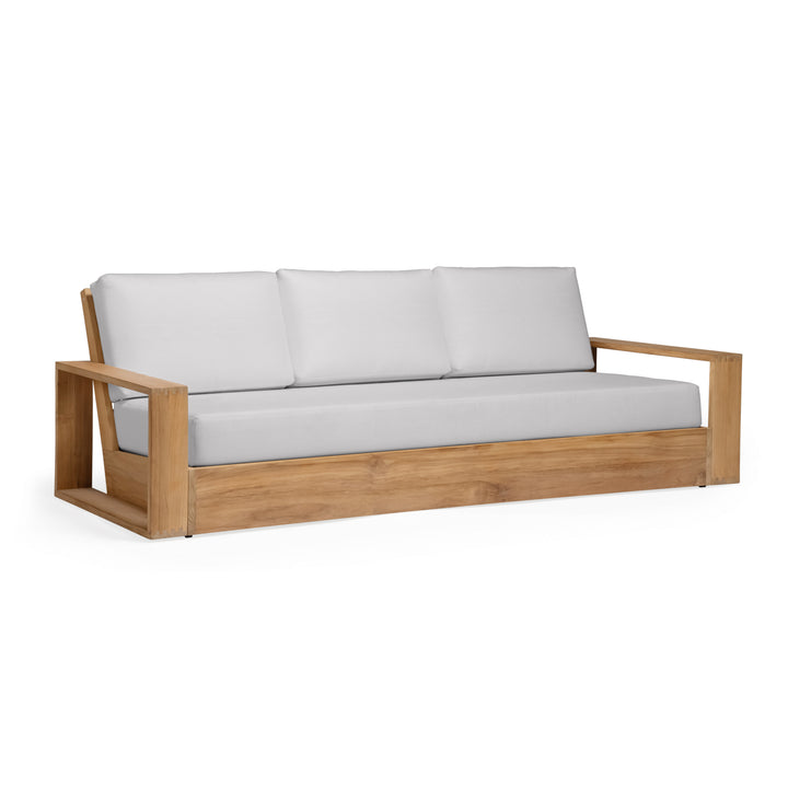 Wooden sofa with white cushions on a white background