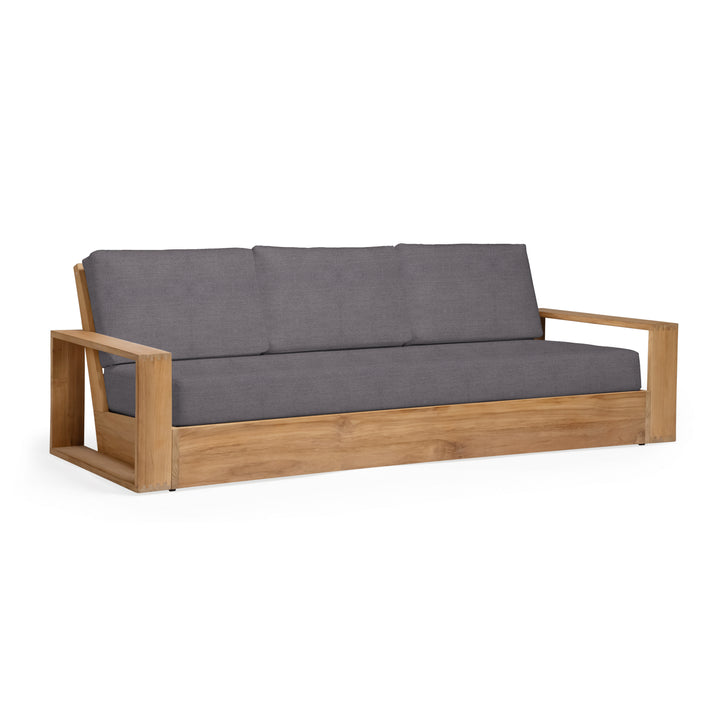 Wooden sofa with gray cushions on a white background