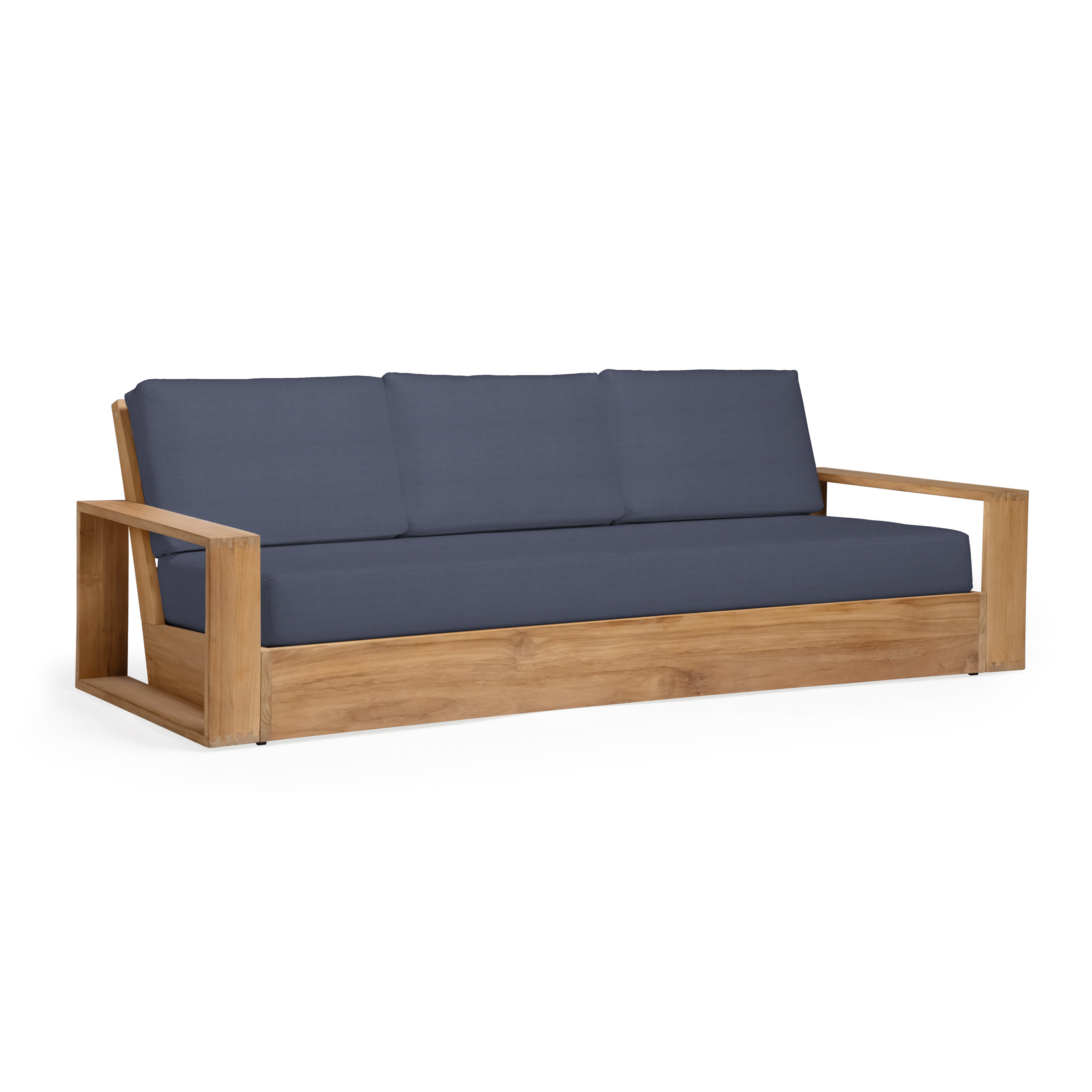 Wooden sofa with navy cushions on a white background