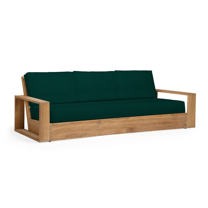 Kuba teak outdoor sofa with dark green cushions