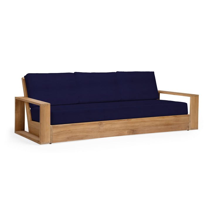 Kuba teak outdoor sofa with navy cushions