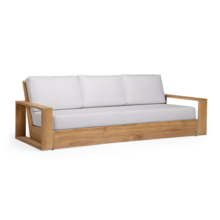 Kuba teak wood outdoor sofa with white cushions