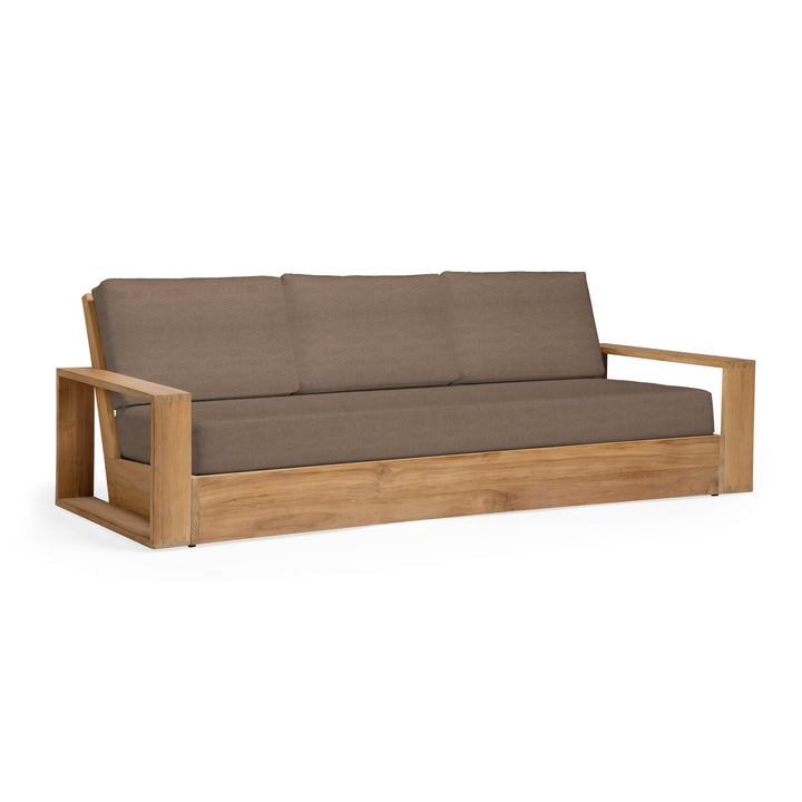 Wooden sofa with brown cushions on a white background