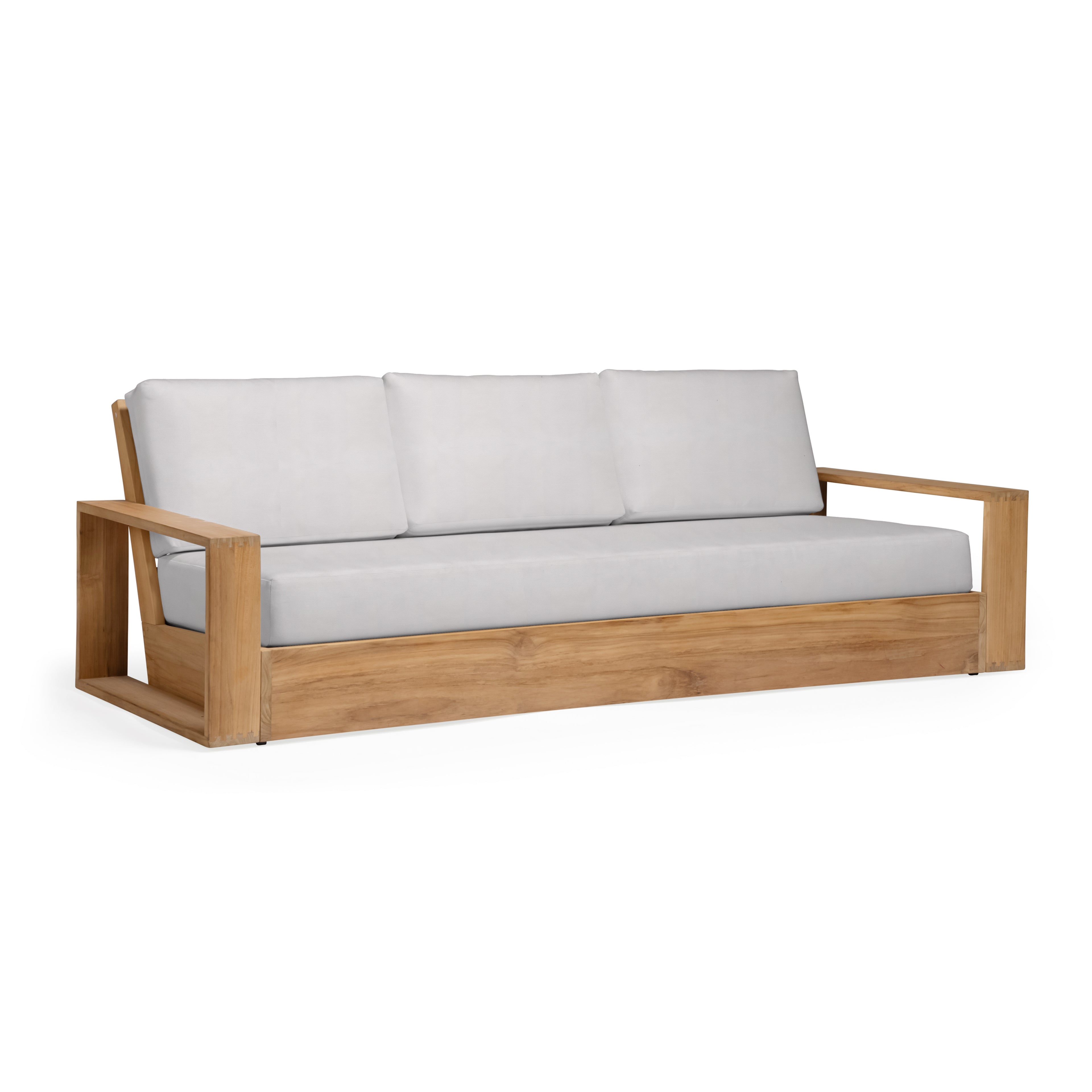 Kuba teak outdoor sofa with light gray cushions