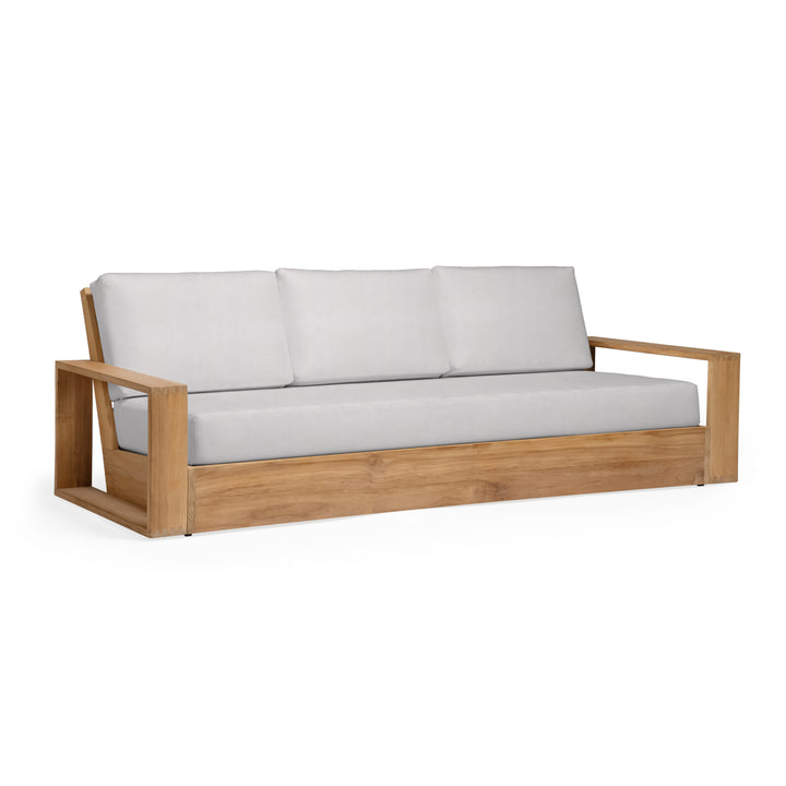 Kuba teak outdoor sofa with light gray cushions