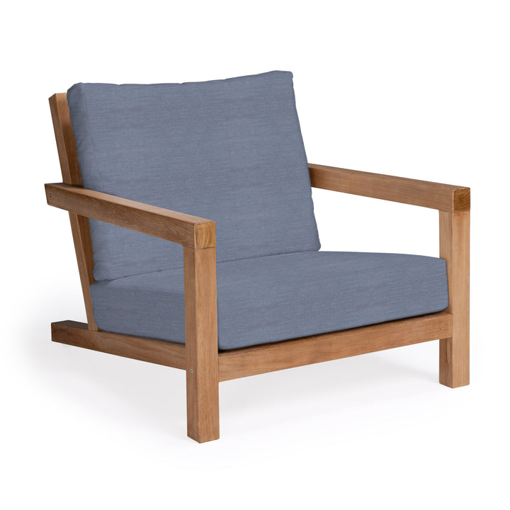 Granada teak outdoor chair with blue cushions