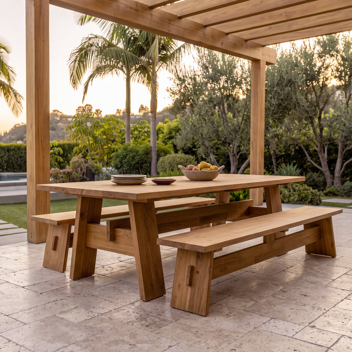 A large wooden outdoor dining table with two matching benches under a pergola, set on a stone patio with palm trees and greenery in the background at sunset.