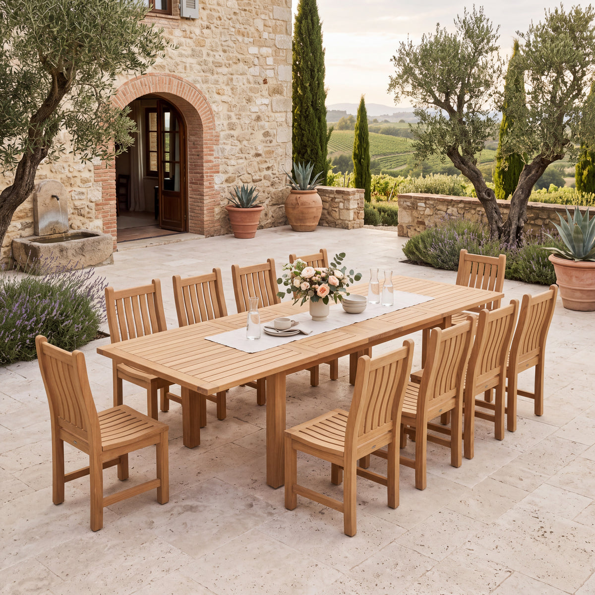 Capri Rectangle Extension Teak A-Grade Dining Table Set 90-110-129" with Wave Dining Chairs