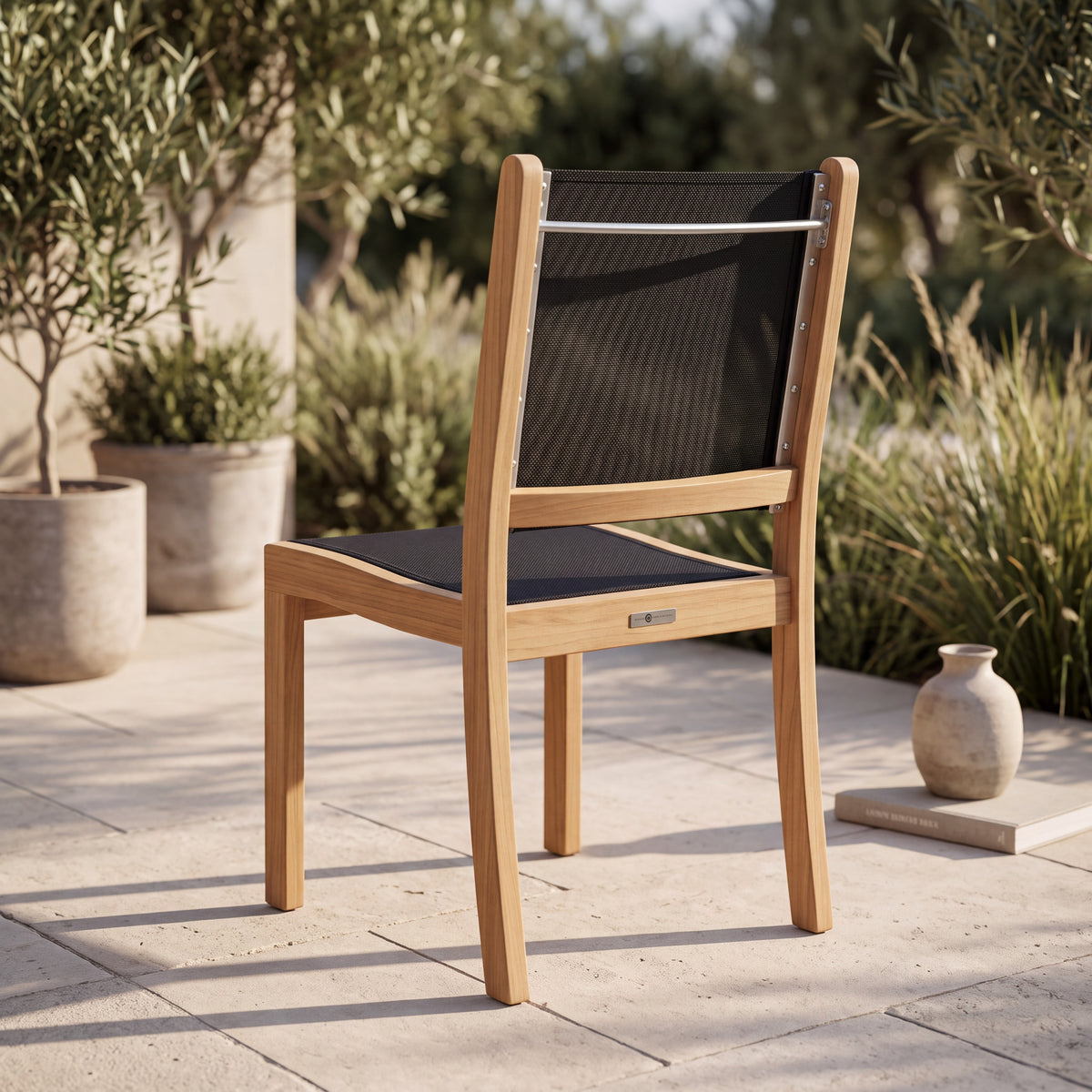 Santorini Teak A-Grade and Mesh Stacking Outdoor Dining Side Chair (Black)