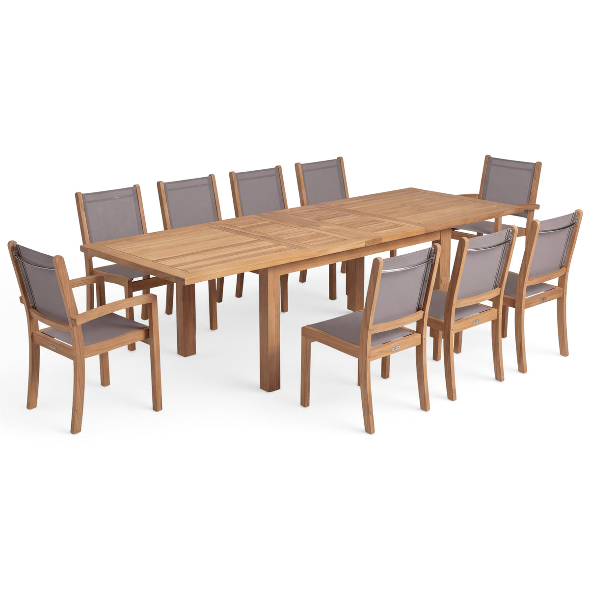 Capri Teak A-Grade Rectangle Extension Dining Table 90-110-129" Set with Santorini Dining Chairs (Taupe)