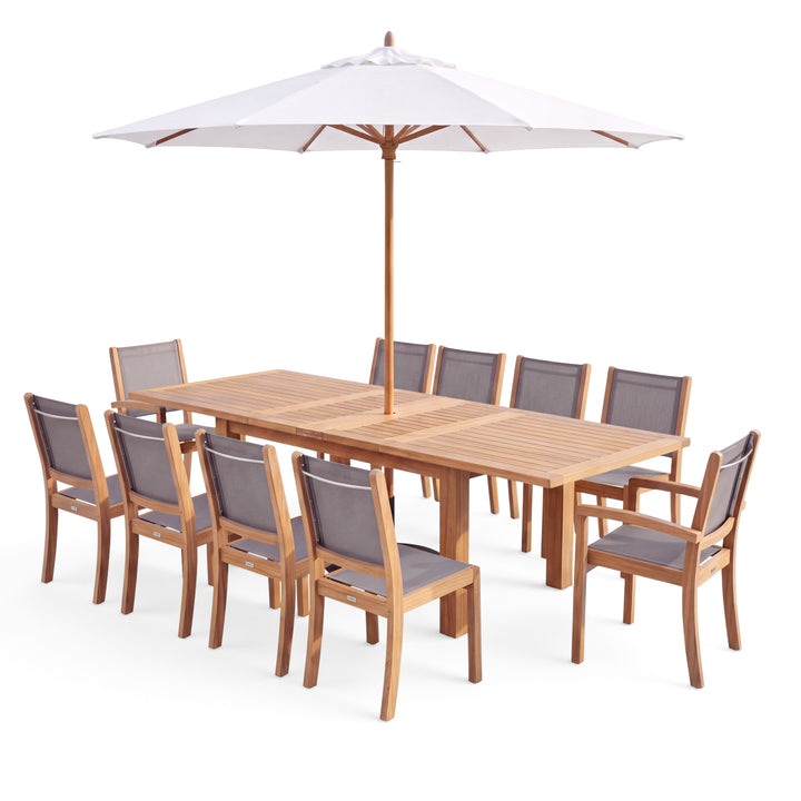 Teak outdoor dining set with a rectangular slatted table, eight gray cushioned chairs, and a large white patio umbrella on a white background.