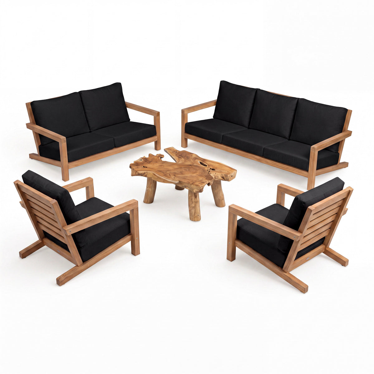 Teak Warehouse Granada A-grade teak outdoor sofa set with black cushions and a natural live-edge wood coffee table.