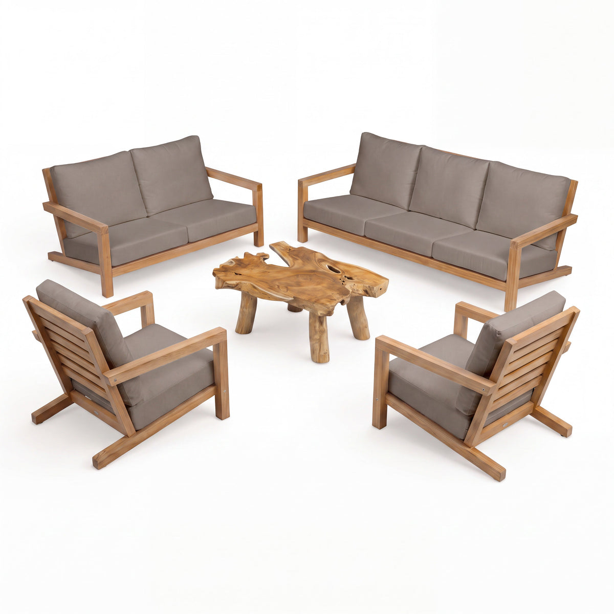 Teak Warehouse Granada A-grade teak outdoor sofa set with grey cushions and a natural live-edge wood coffee table.