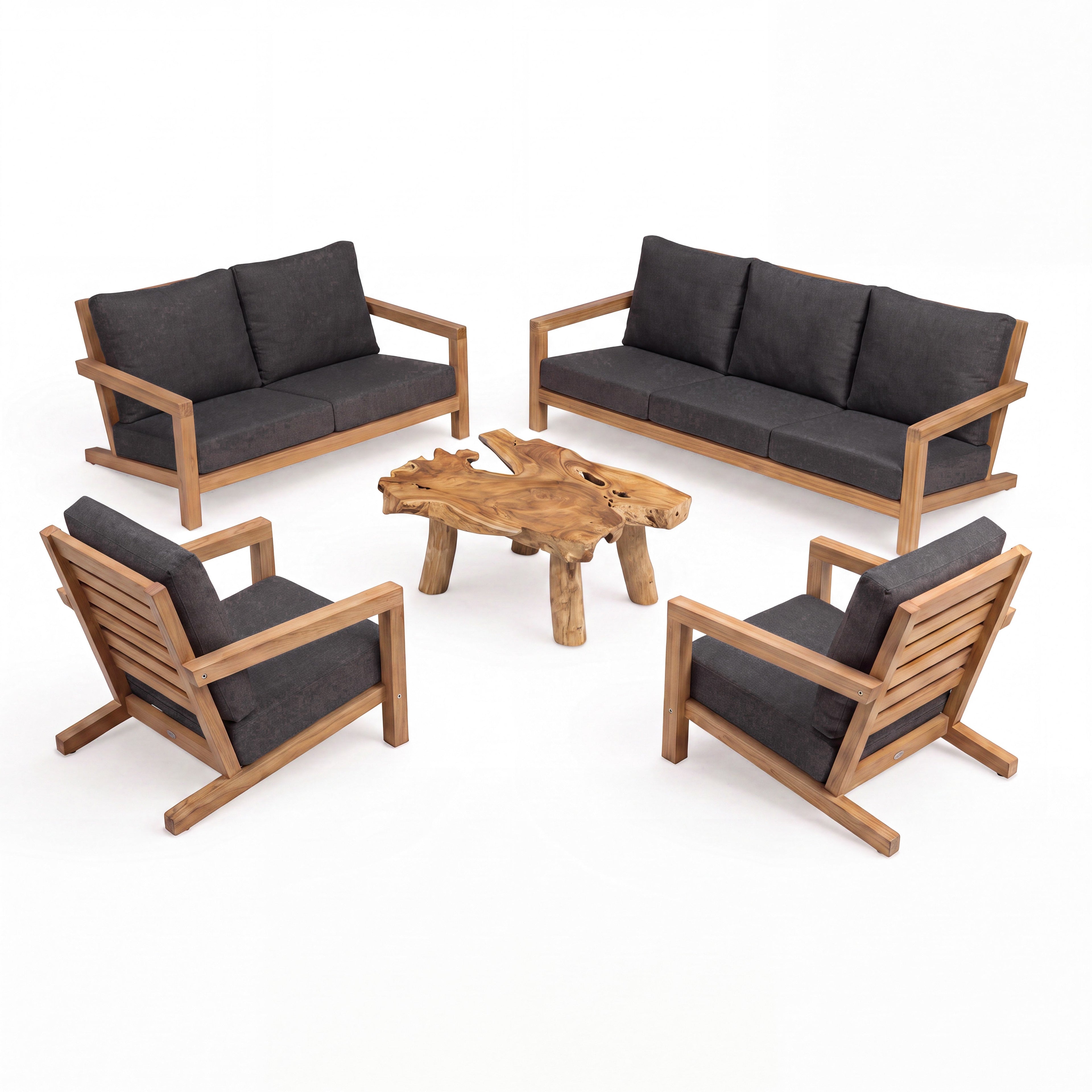 Teak Warehouse Granada outdoor sofa lounge set with A-grade teak wood frames and dark grey cushions around a coffee table