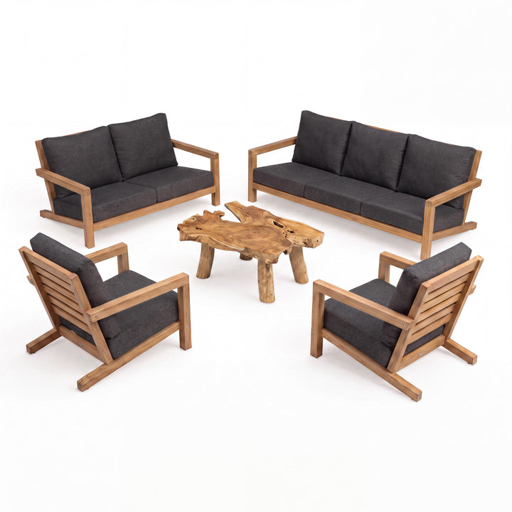 Teak Warehouse Granada outdoor sofa lounge set with A-grade teak wood frames and dark grey cushions around a coffee table