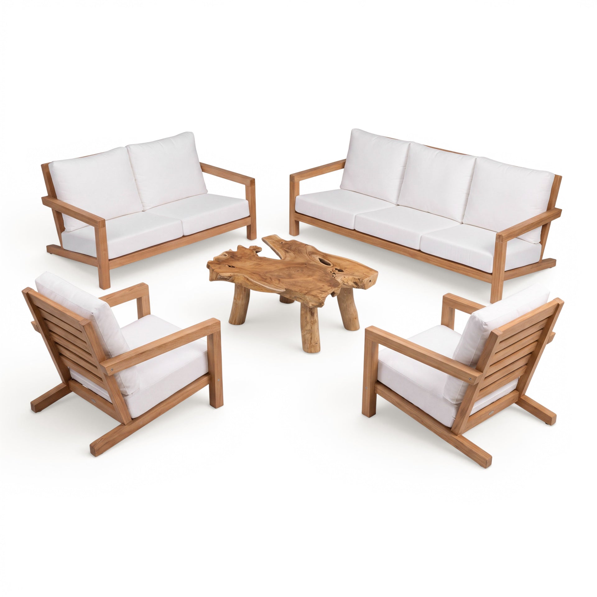 Teak Warehouse Granada A-grade teak outdoor sofa set with white cushions and a natural live-edge wood coffee table.