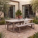 Troy A-Grade Teak Weathered Dining Table Set with Troy Bench and Stacking Chairs