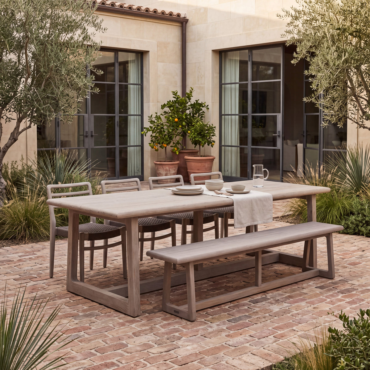 Troy A-Grade Teak Weathered Dining Table Set with Troy Bench and Stacking Chairs