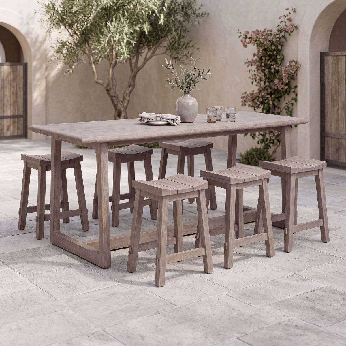 Troy Weathered Teak Outdoor Counter Height Table Set
