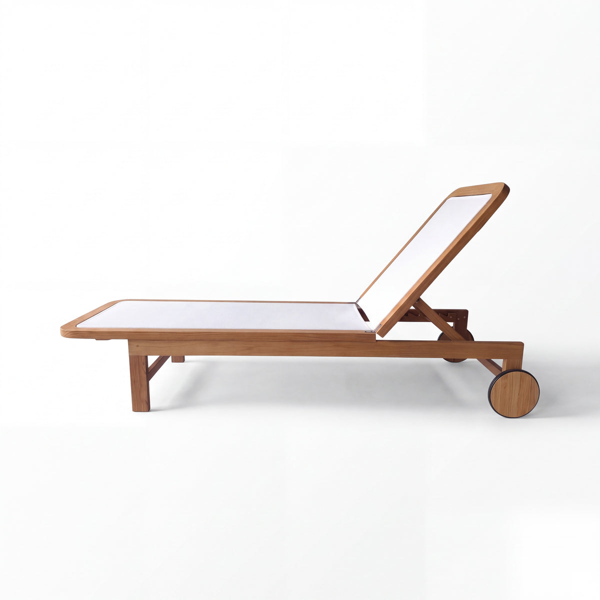 A modern wooden chaise lounge chair with white upholstered headrest and backrest panels, shown in side profile on a clean white background.