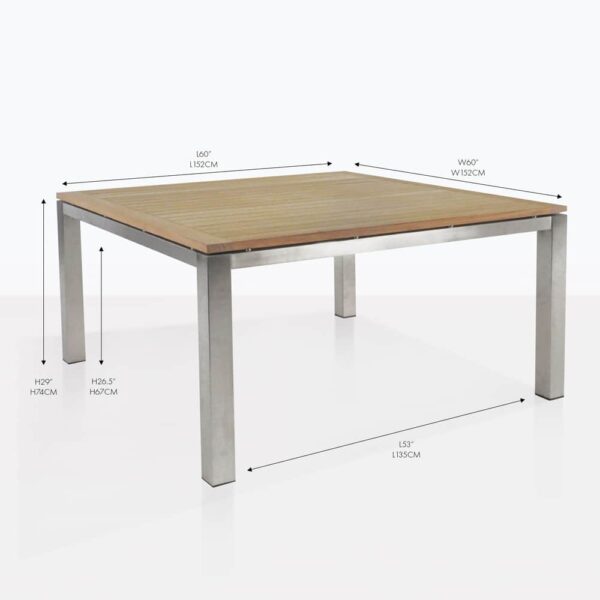 stainless steel and teak square dining table