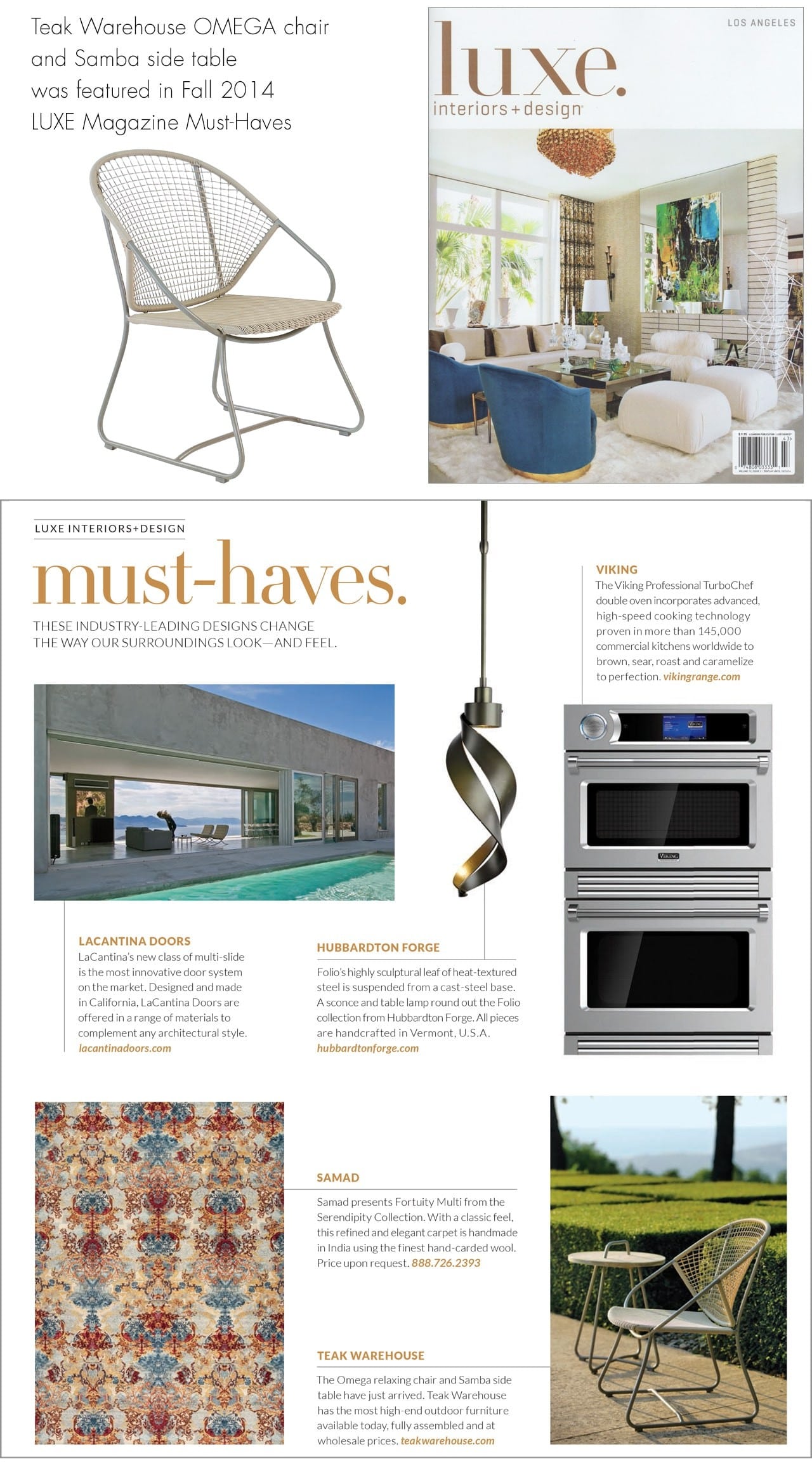 High End Outdoor Furniture from Teak Warehouse featured in Luxe Magazine's Fall Must Have article