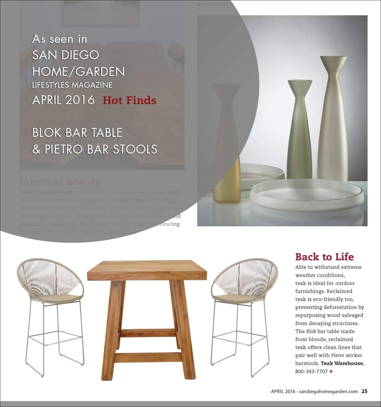 Blok Bar Table and Pietro Bar Stools featured in San Diego Home/Garden Lifestyles Magazine