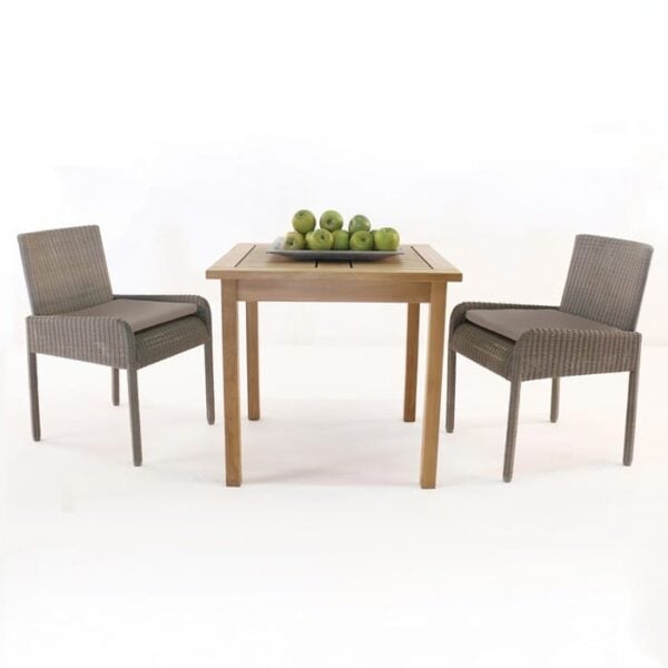 teak square table with 2 zambezi wicker chairs dining set