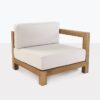 angle front - teak left arm chair with white cushions