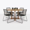 Square teak pedestal table with 4 black wicker chairs