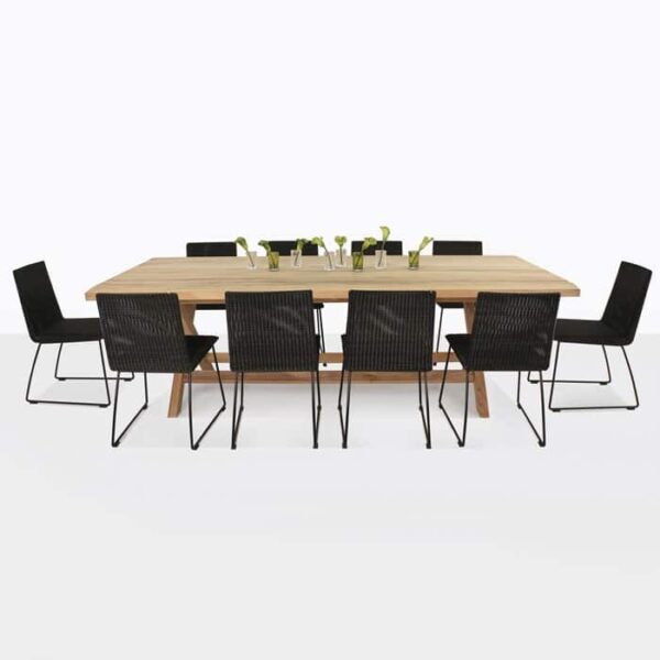 Teak Dining Table with 10 Black Wicker Chairs